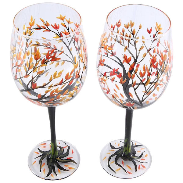 2 st Vin glas med höstträd - Höstfärger - Röda, gula, orange blad - Handmålade - Höst
