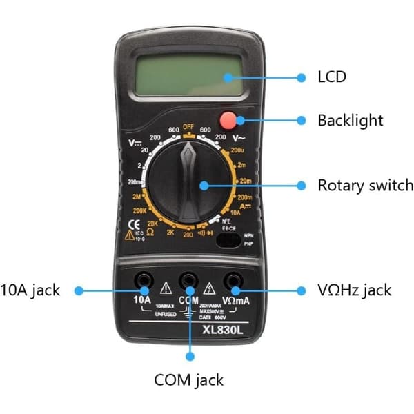 Digitalt multimeter 2000 teller Cat III 1000V med testledninger