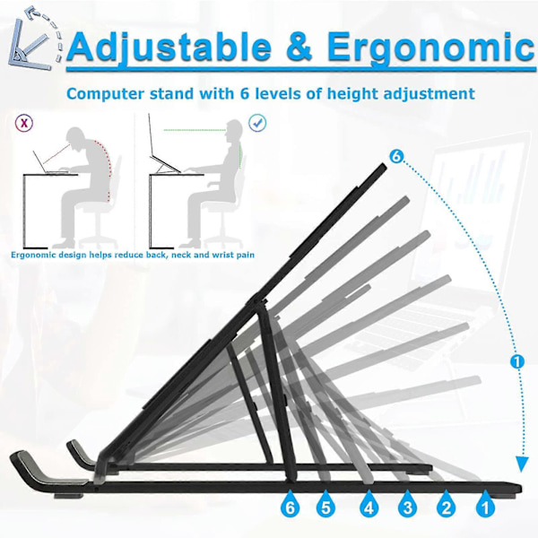 Laptopställ 6 Nivåer Justerbart Vikbart Grått Laptopställ, Ventilerat Kylställ i Aluminium för Skrivbord, Portabel Ergonomisk Notebook-höjare