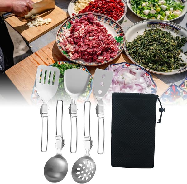 6-dele camping køkkenredskabssæt, 304 rustfrit stål foldbare håndtag, bærbar opbevaringstaske til vandreture, picnics og grillfester
