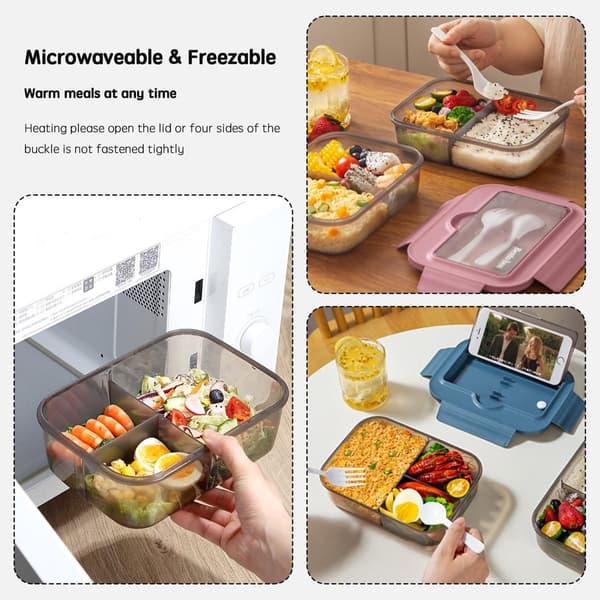 2-pack Bento Lunchlåda, 2 och 3 fack, läckagesäker plast med bestick, mikrovågssäker, för barn och vuxna, blå