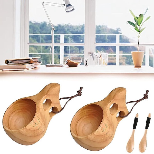 2-pack Nordisk Stil Träkopp Kuksa Kopp Bärbar Utomhus Camping Dryckeskopp Träkaffekopp Wit