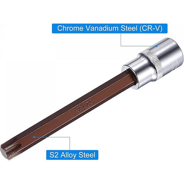 1/2\" fyrkantig drivning X T55 Torx bitshylsa, S2 stålbits, Cr-v hylsor 140 mm längd (endast för handanvändning)