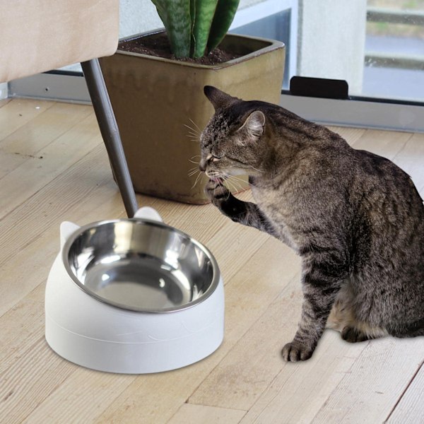 Foderautomat til kæledyr, hævet vand- og foderautomat i rustfrit stål, hævet skål med hældning, skridsikker, enkel skål til kat og hund, til små hvide