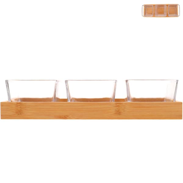 1 set serveringsfat i glas, snacks-tallrik, matskålar med serveringsbricka i bambu