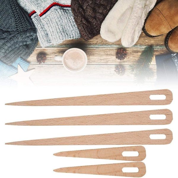 Stora ögon stickningsnålar, 5 st trä vävning virknål handvävstol stick trä gaffel