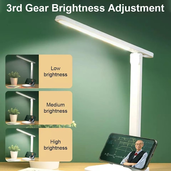 LED-bordslampe med øyebeskyttelse, USB-ladeporter, dimbar, egnet for soverom, sovesal, lesing - hvit
