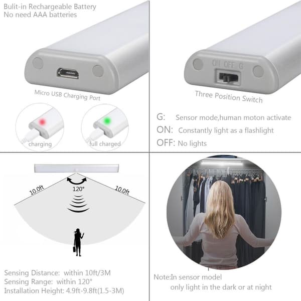 10 LED Lys 2-pak Trådløs USB Genopladelig Magnetisk Bevægelsessensor 2 Tilstande