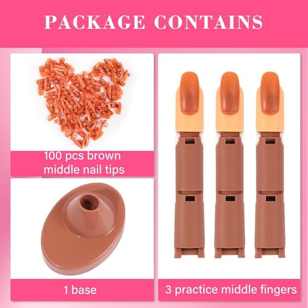 Adjustable Fake Mannequin Fingers - 3-Piece Training Set with Acrylic Base and 100 Brown Nail Tips - Movable & Flexible for Nail Art Practice