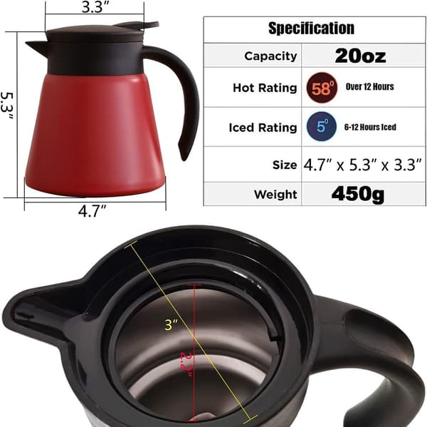 Termokande, 304 rustfrit stål dobbeltvægget isoleret, lækagesikker kaffe- og teserver, hjemmekontor café, rød, 0,6 L
