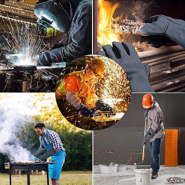 662℉ Gråa och svarta lädersvetsningshandskar för män och kvinnor, långärmade värmebeständiga brandhandskar ugnsvantar