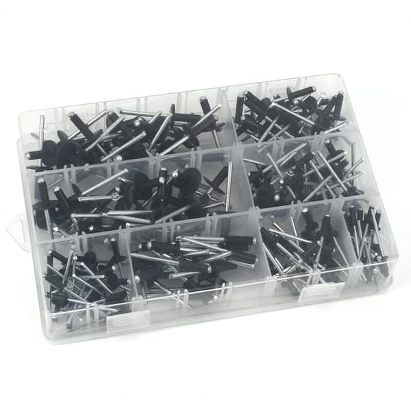 200-delt aluminium popnitte sortimentssæt - 8 størrelser (3,2 mm-4,8 mm) til metal, træ, plastik - sort