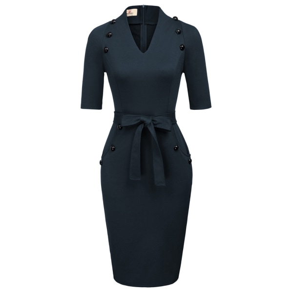 Kortärmad Bodycon-klänning för kvinnor med bälte Business Cocktail Funeral Pencil-klänning med fäste navy blue M