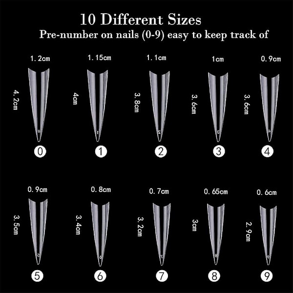 1200 st C-formade stilettformade franska falska nagelspetsar, 10 storlekar, halv täckning