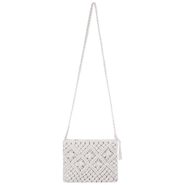 Handvävd Crossbody-väska i halm för kvinnor, bohemisk strandväska med axelrem, tofsar och dragkedja white