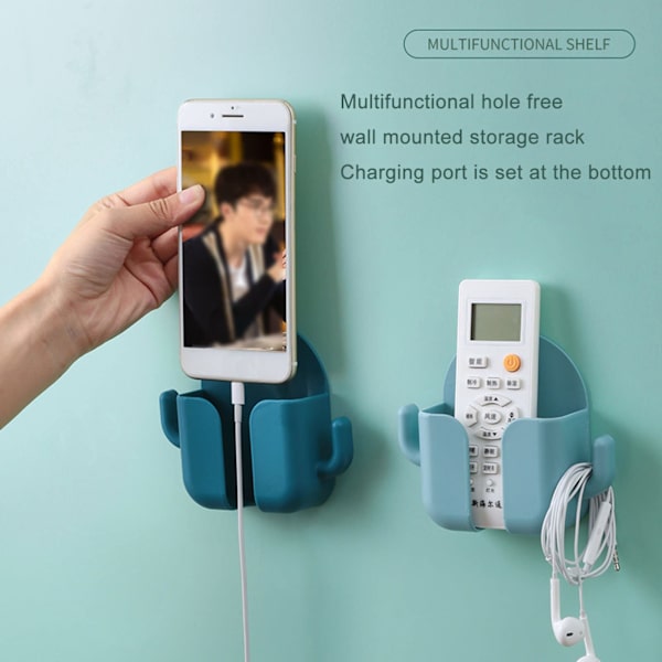 Selvklebende telefonstativ vegg fjernkontrollholder lader telefonarrangørbrakett med datakabelmottakshull for soverom 2 stk