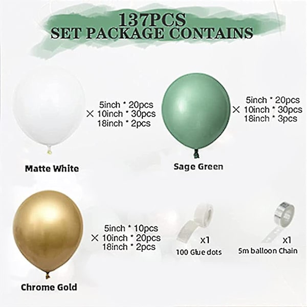 Ballonbue Kit 137stk Grøn Hvid Guld Ballon Garland Kit Latex Festballoner Festdekorationer (retro Grøn)