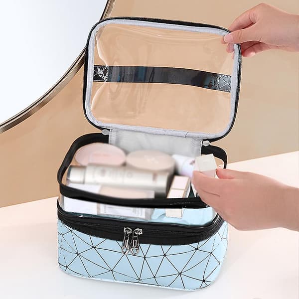Makeup tasker dobbelt lag rejse kosmetik taske organizer blå blue