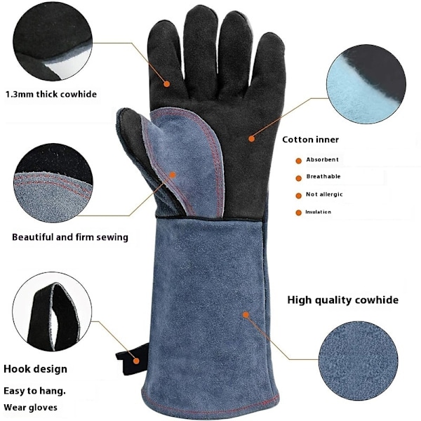 Grå svarta handskar Värme Eldbeständiga handskar BBQ Grillhandskar Ugn Spishandske Svetsarhandskar (14,5 * 40cm)