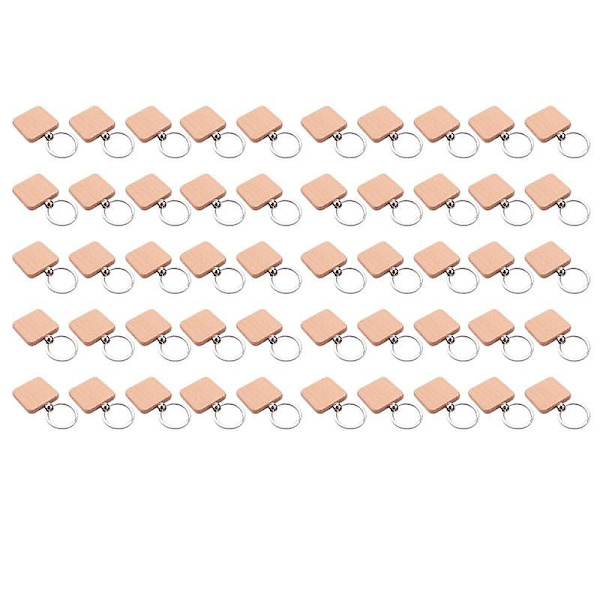 50 stk. DIY blanke nøkkelringer i tre, firkantet utskåret nøkkelring i tre, 40 x 40 mm