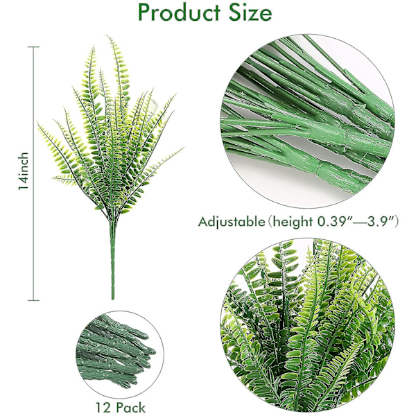 12 buntar konstgjorda växter, falska Boston Fern grönska utomhus UV-beständig ingen blekning faux