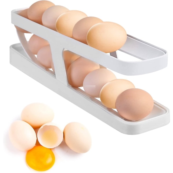 Egg Dispenser Refrigerator Egg Roll Rack Refrigerator Double Layer Egg Storage Rack Refrigerator Kitchen Countertop Holds 12-14 Eggs