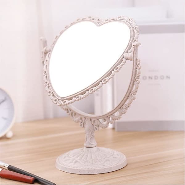 Simple and Beautiful Heart-Shaped Plastic Cosmetic Mirror, Double-Sided Rotatable Vanity Mirror, Lightweight Mirror, Bathroom Mirror (White)