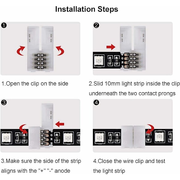 20-pak, 4-benet PBC RGB LED-strip-stik, 10 til 1 mellemrumsfrit strip-stik, loddefri adapter til SMD 5050 flerfarvet LED-strip