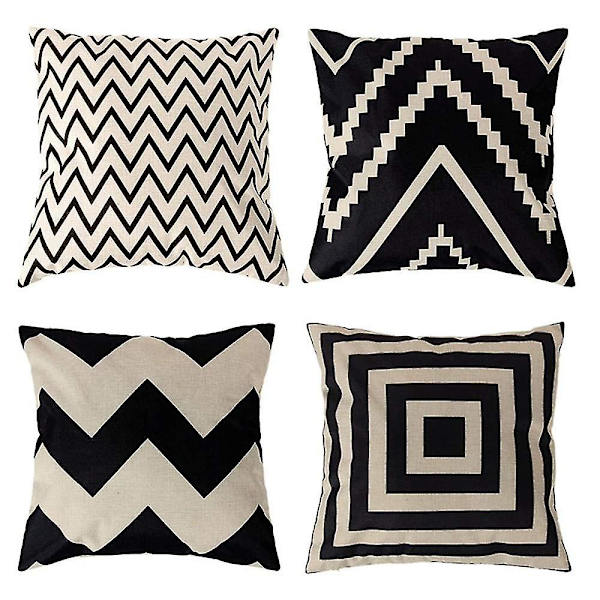Svart-hvitt geometrisk putetrekk i lin, sett med 4 dekorative putetrekk til sofa, 45 x 45 cm