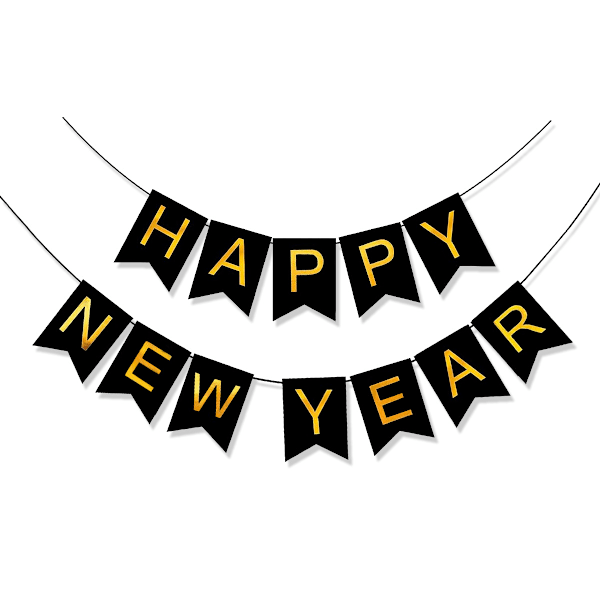 Svart Happy New Year-banderoll, perfekt för att skapa en rolig atmosfär för din nyårsfest 2025