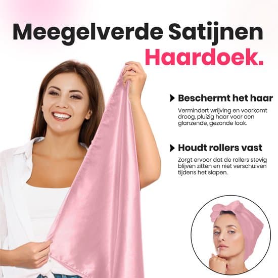 Sæt med varmefrie hårkrøllere med hårklemme og satin-hætte, bløde fløjls-krøllere til natten til mellemlangt til langt hår, lyserød