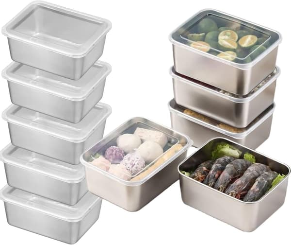 Fødevarebeholdere i rustfrit stål, 10 stk. 500 ml sæt med låg, lufttætte og stabelbare til køleskab, spisekammer, picnics, sølv