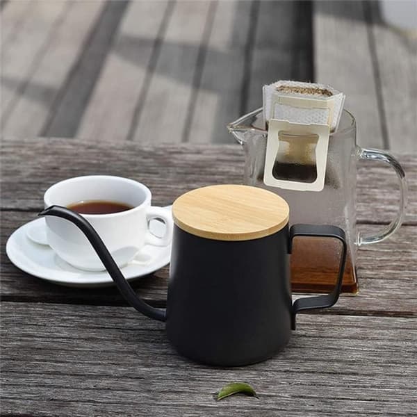 Mini vandkande, 304 rustfrit stål, lang svanehals tud med bambuslåg, 350 ml, til indendørs planter, sort