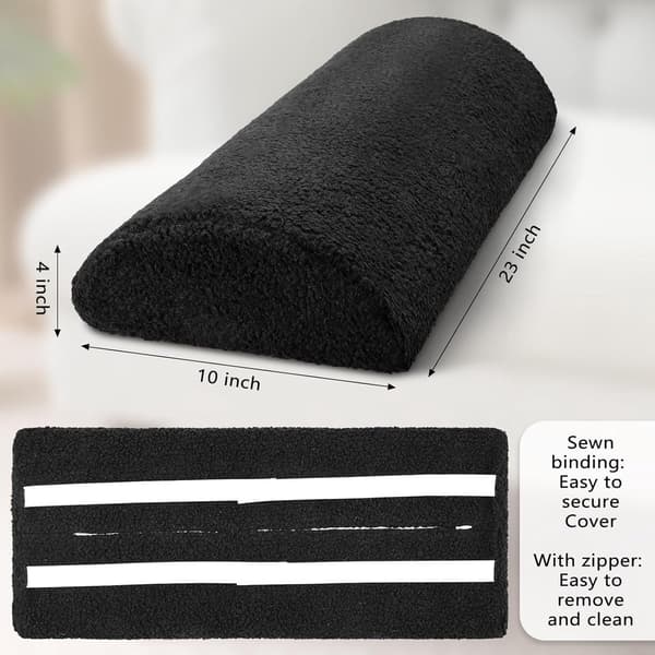 Halvmåneformat benstödskudde i minnesskum med överdrag i lammull och elastiska band för säng, soffa och fåtölj, svart, 58x25x10 cm