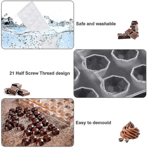 Chokoladeforme Polycarbonat Slik Sukkerforme Plast Chokoladeform Maker Med 21 Halve Skruetrådshuller Genanvendelig -aya