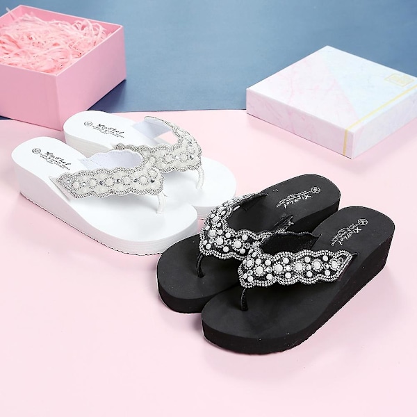 1 pari liukumattomat rantasandaalit Slipsole-sandaalit helmikoristeiset sandaalit kesäkäyttöön naisille (musta, koko 40 25,0 cm, 8US, 5,5UK, 39EU, 9,825 tuumaa)