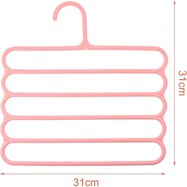Sett med 8 plassbesparende buksehengere i plast, multikleshenger for 5 bukser, sklisikre, rosa