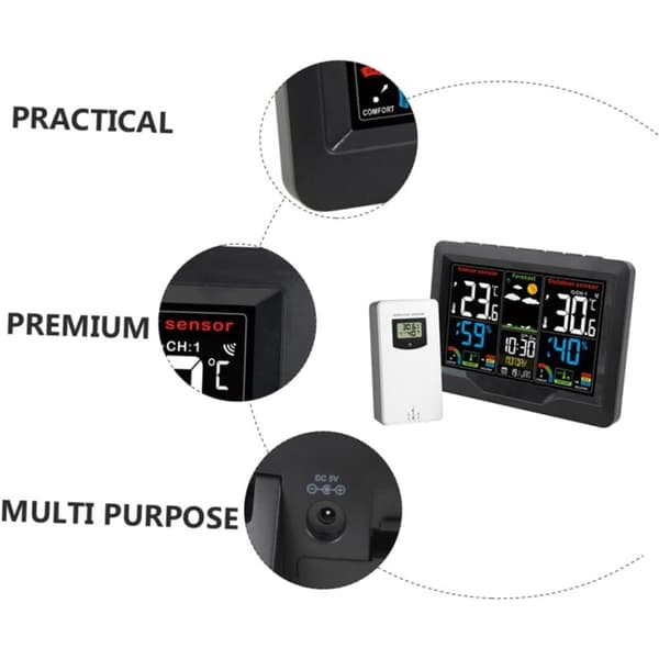 Färgskärm Väderklocka med Sensor, Inomhus Termometer och Hygrometer, USB Uppladdningsbart Alarm