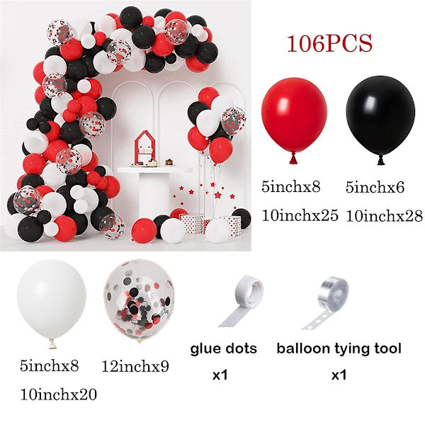 106 st Premium Ballong Garland Arch Kit - Röd, Svart, Vit & Silver - Perfekt för Duschar, Födelsedagar