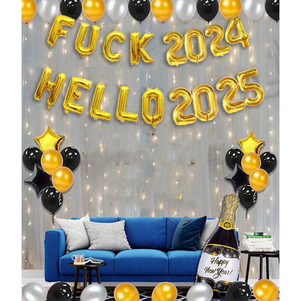 2 Sett Hello 2025 FUCK2024 Nyttårsballonger Nyttårsballonger Aluminiumfolie Ballonger Festlige Ballonger Tallballonger