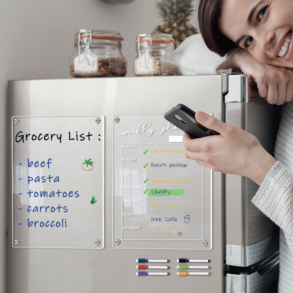 En uppsättning med 2 akryl transparenta whiteboardtavlor för kylskåp, whiteboardtavla för kylskåp, fri från skrivmarkeringar