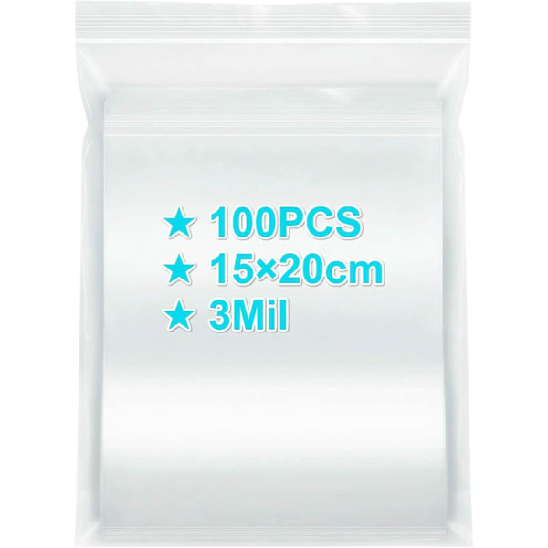 Ziplock-poser 15x20cm, 100 stk, 3 Mil Ekstra Tykk Medium Størrelse Klar Plast Gave