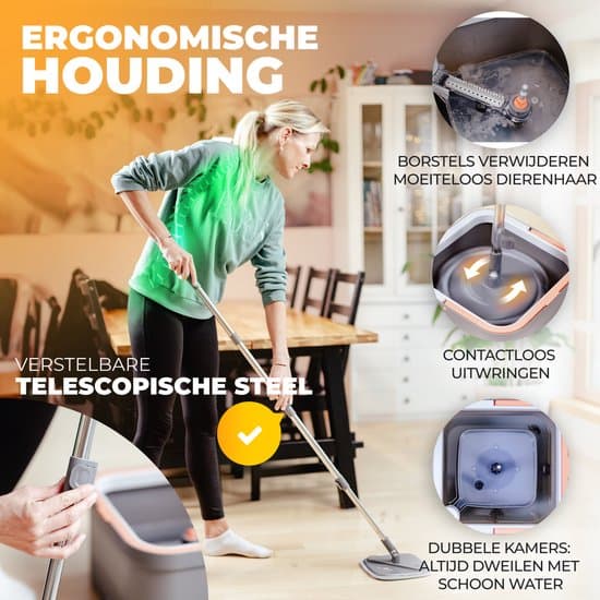 Spinmopp och hink med urvridare, handsfree platt mopp med dubbla kammare och 2 mikrofiberdynor för trä- och klinkergolv, grå