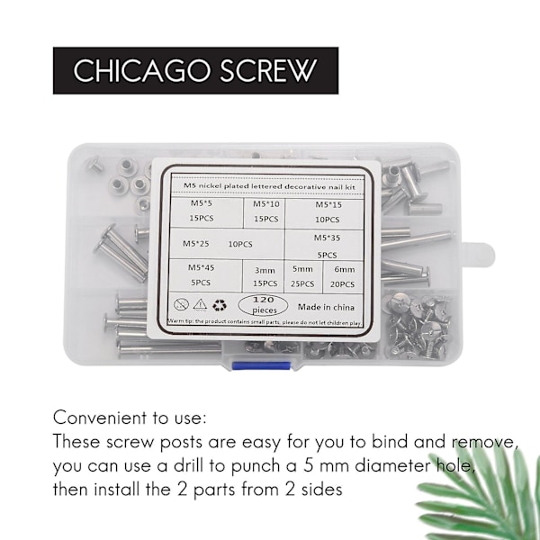 Chicago Screw Binding Screws Posts Assortment Kit For Diy Leather Bookbinding Crafts(120pcs,m5)