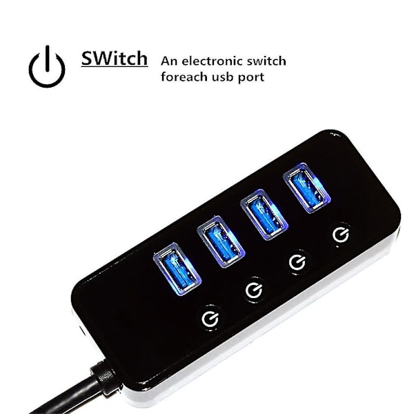4-ports USB 3.0 Hub med 4 USB 3.0 data porte, sort