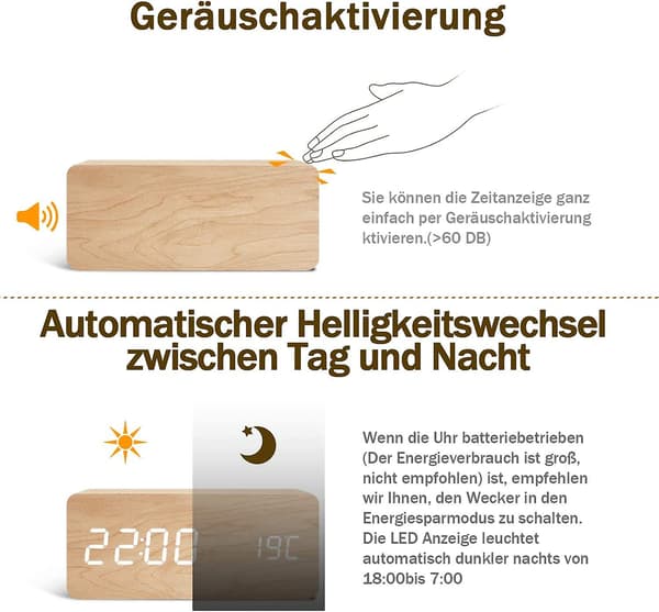 Träväckarklocka Modern LED-bordsur Digital väckarklocka Röst Touch Display Tid/datum/temperatur För Hem Sovrum Kontor Brun Orange