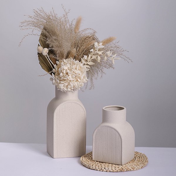 Vit Keramisk Vas Set om 2, Kvadratisk Vas Rustik Heminredning Minimalistisk Nordisk Boho Stil för Vardagsrum, Hylla, Bord, Bokhylla