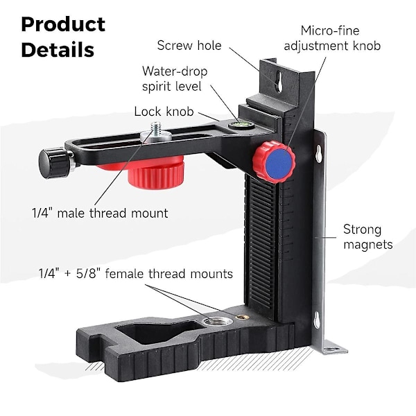 Laserniveau magnetisk beslag, L-formet justerbar laserniveauadapter med 1/4 tommer han-gevind