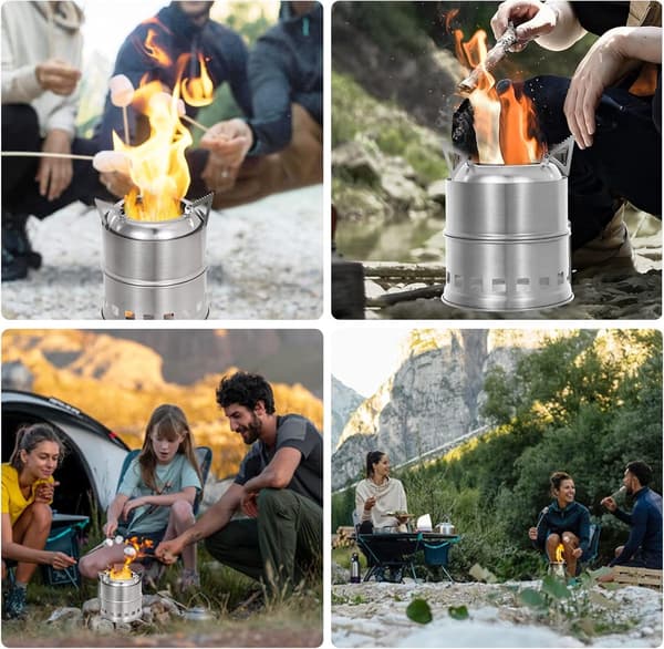 Bärbart vedeldat campingkök, rostfritt stål utomhus-ryggsäckskök med grillgaller för matlagning med kvistar, silver