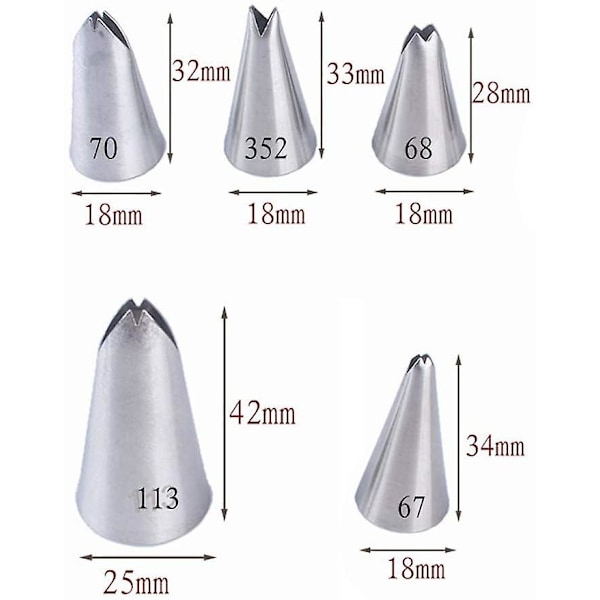 5 stk. Folie Sprøjtetips, Rustfrit Stål, Kagedekoration Til Bagværk, Slik, Kage